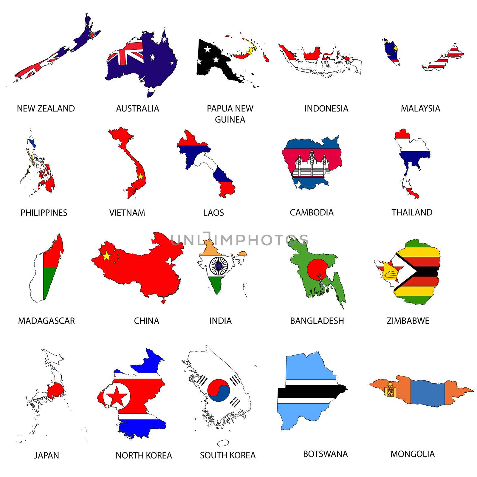 Illustrated Outlines of Countries with Flag inside by DragonEyeMedia