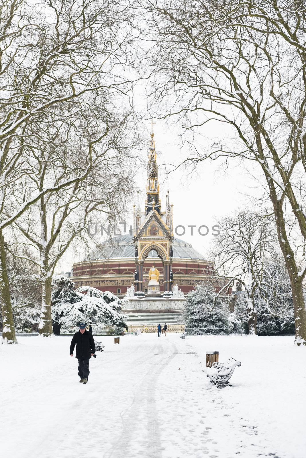 LONDON, UK - JANUARY 21: Hyde Park covered in snow with Albert Memorial in the background after three days of blizzards. January 21, 2013 in London.