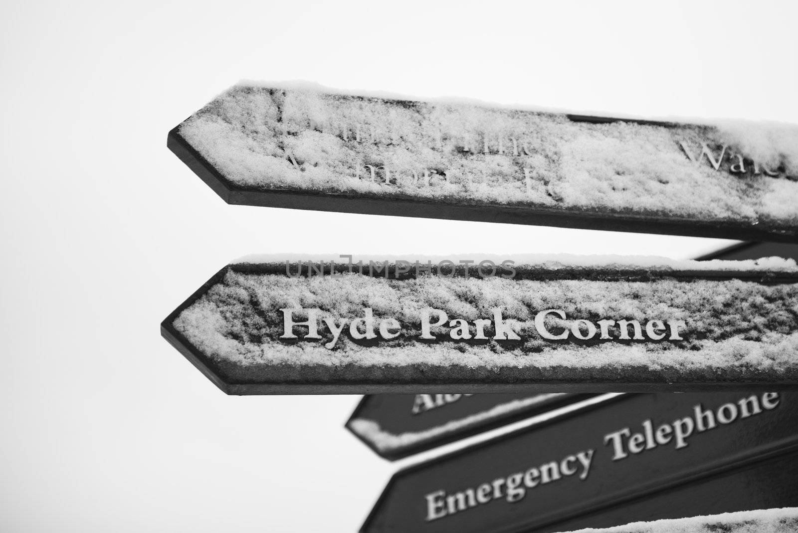 Directions sign in Hyde Park after three days of blizzards.