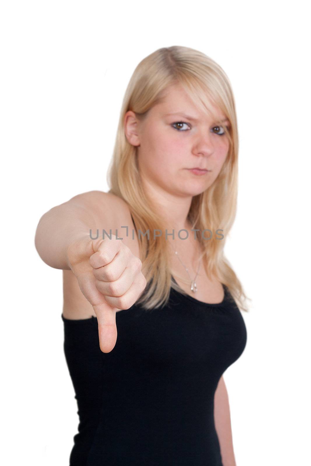 young blonde woman showing the thumb down gesture - isolated on white background
