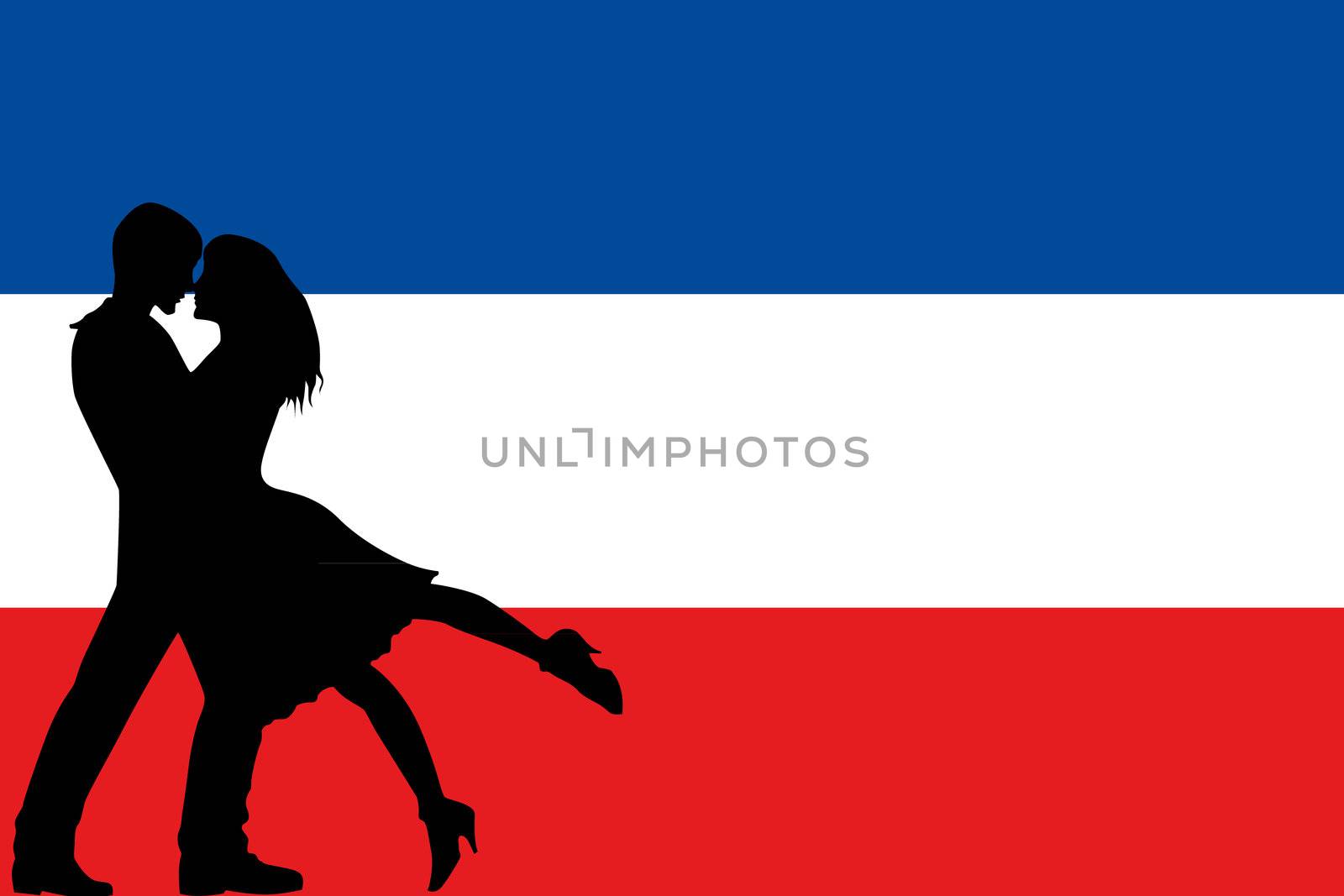 The flag of Yugoslavia with the silhouettes of romantic lovers