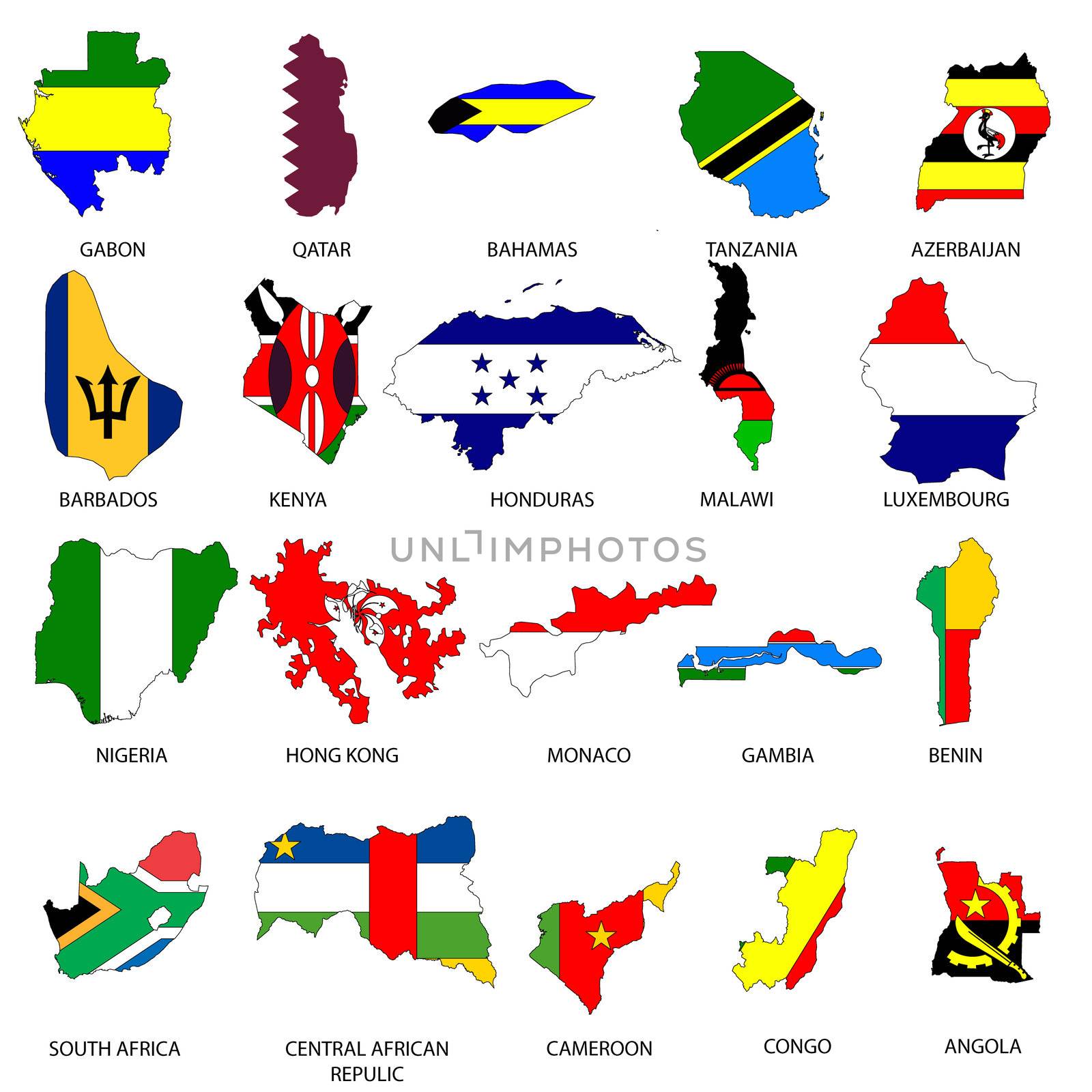 Illustrated Outlines of Countries with Flag inside them