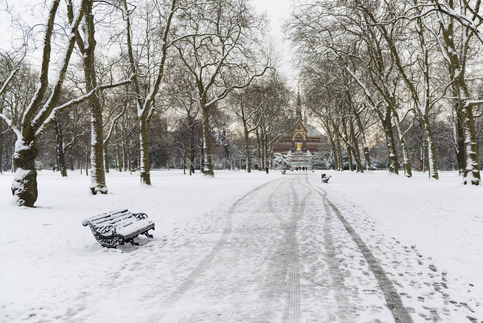 Hyde Park covered in snow with Albert Memorial in the background after three days of blizzards.