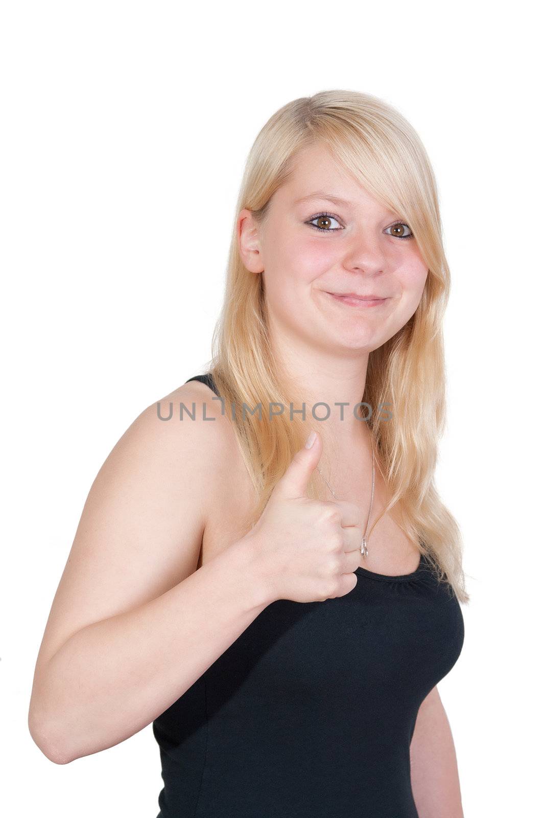 young blonde woman showing thumb up gesture - isolated on white background