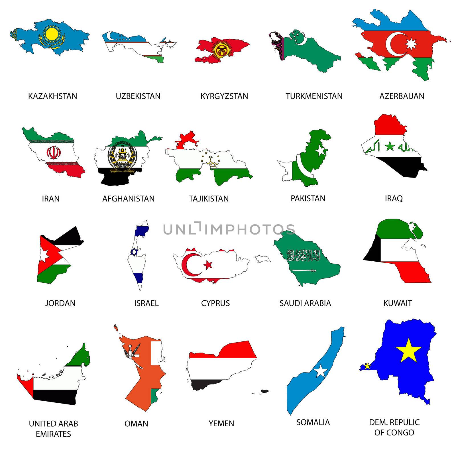 Illustrated Outlines of Countries with Flag inside by DragonEyeMedia