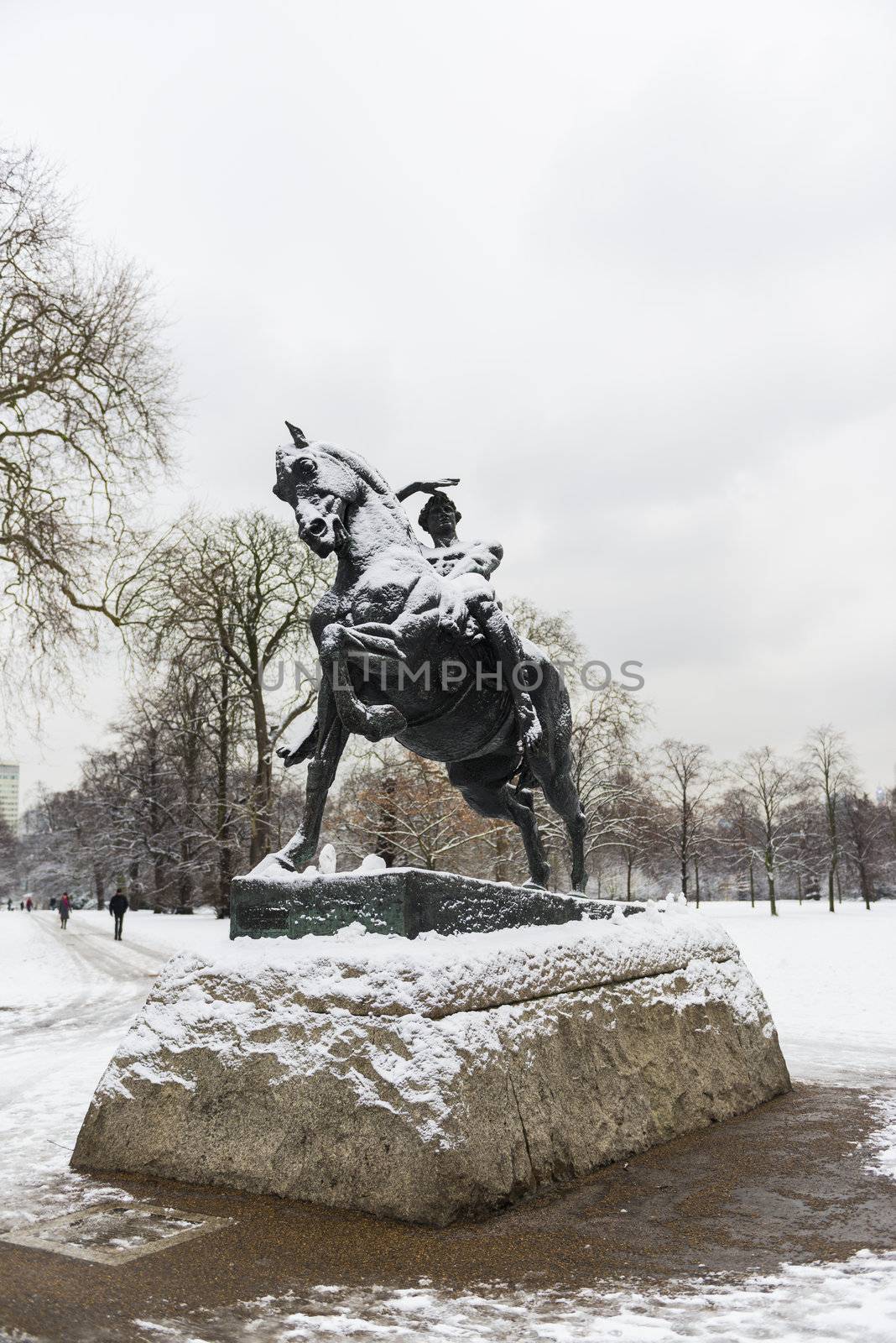 LONDON, UK - JANUARY 21: Statue in covered in snow in Hyde Park after three days of blizzards. January 21, 2013 in London.