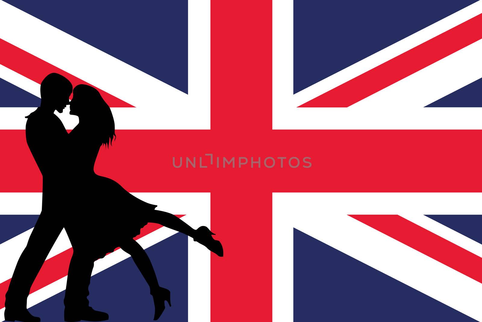 The flag of the United Kingdom with the silhouettes of romantic lovers