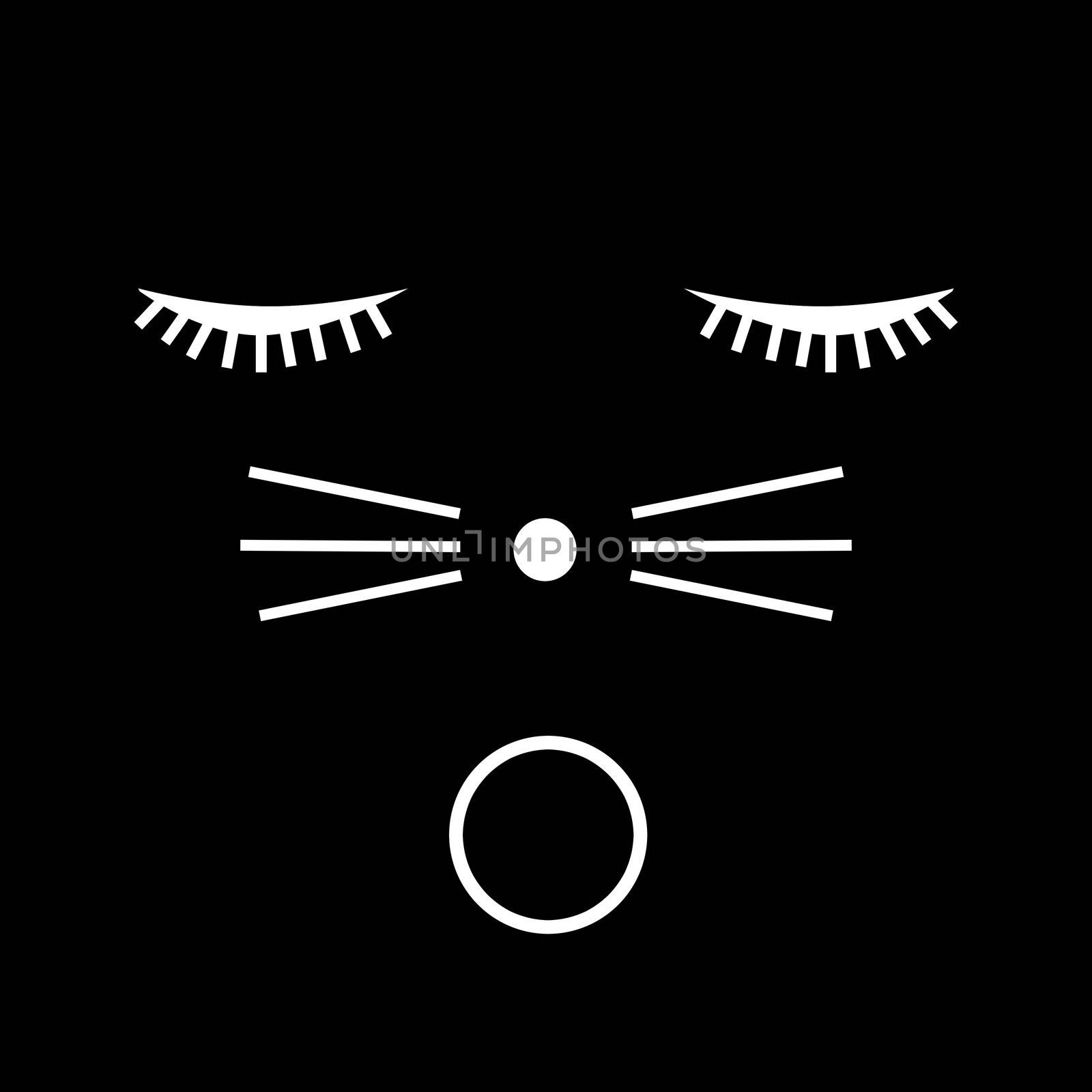 White cat face illustration on black background.