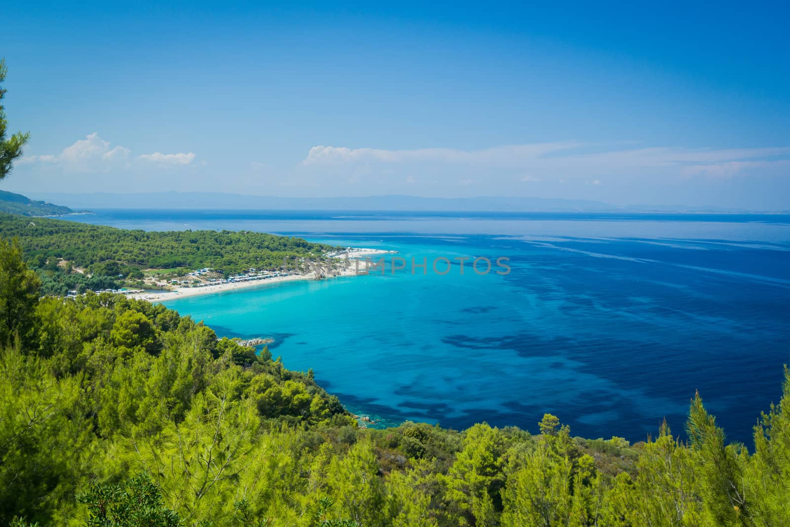 Panorama of beautiful beach lagoon in the coast of Halkidiki, Greece.