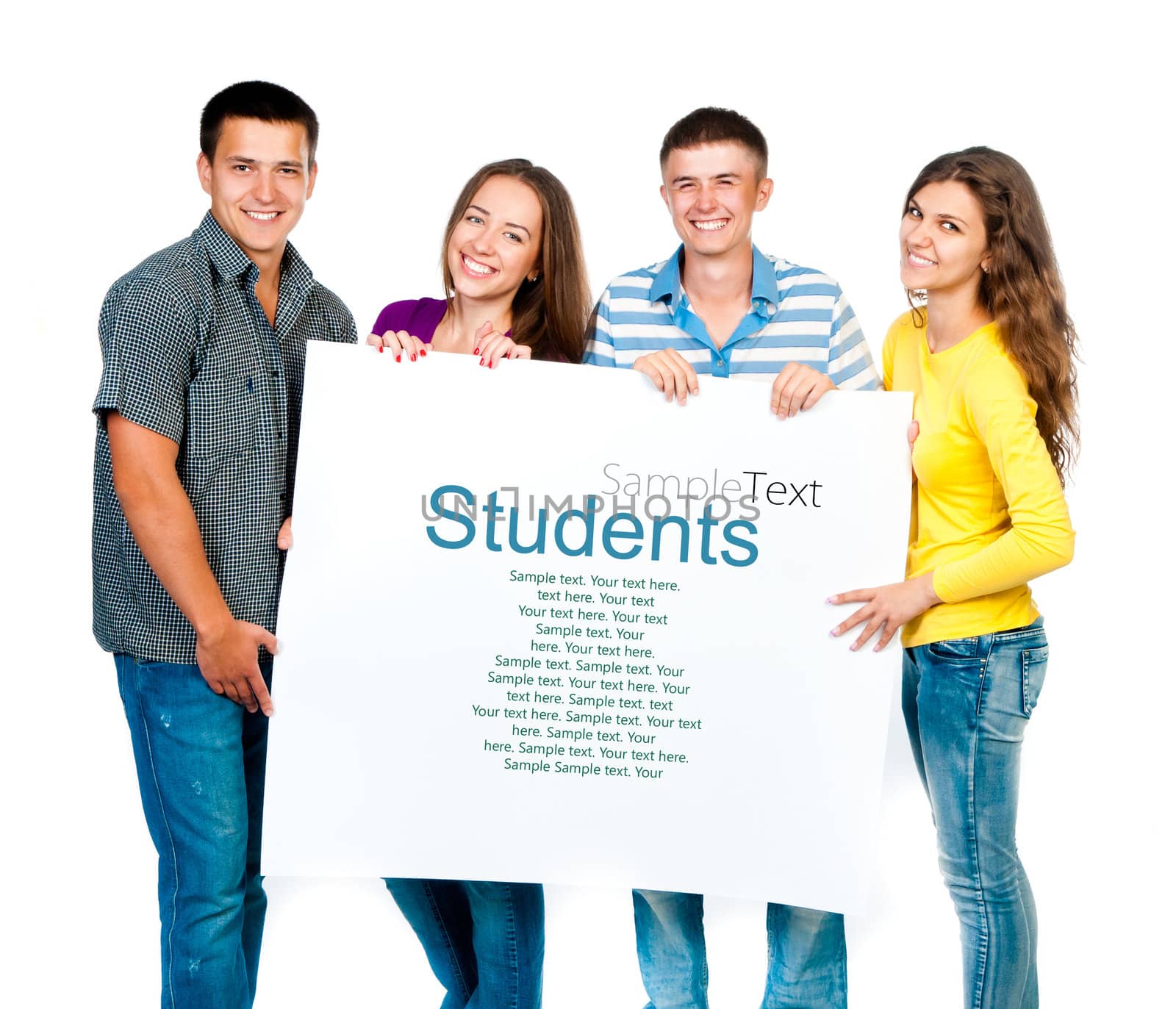 group of young people with a white banner (sample text)