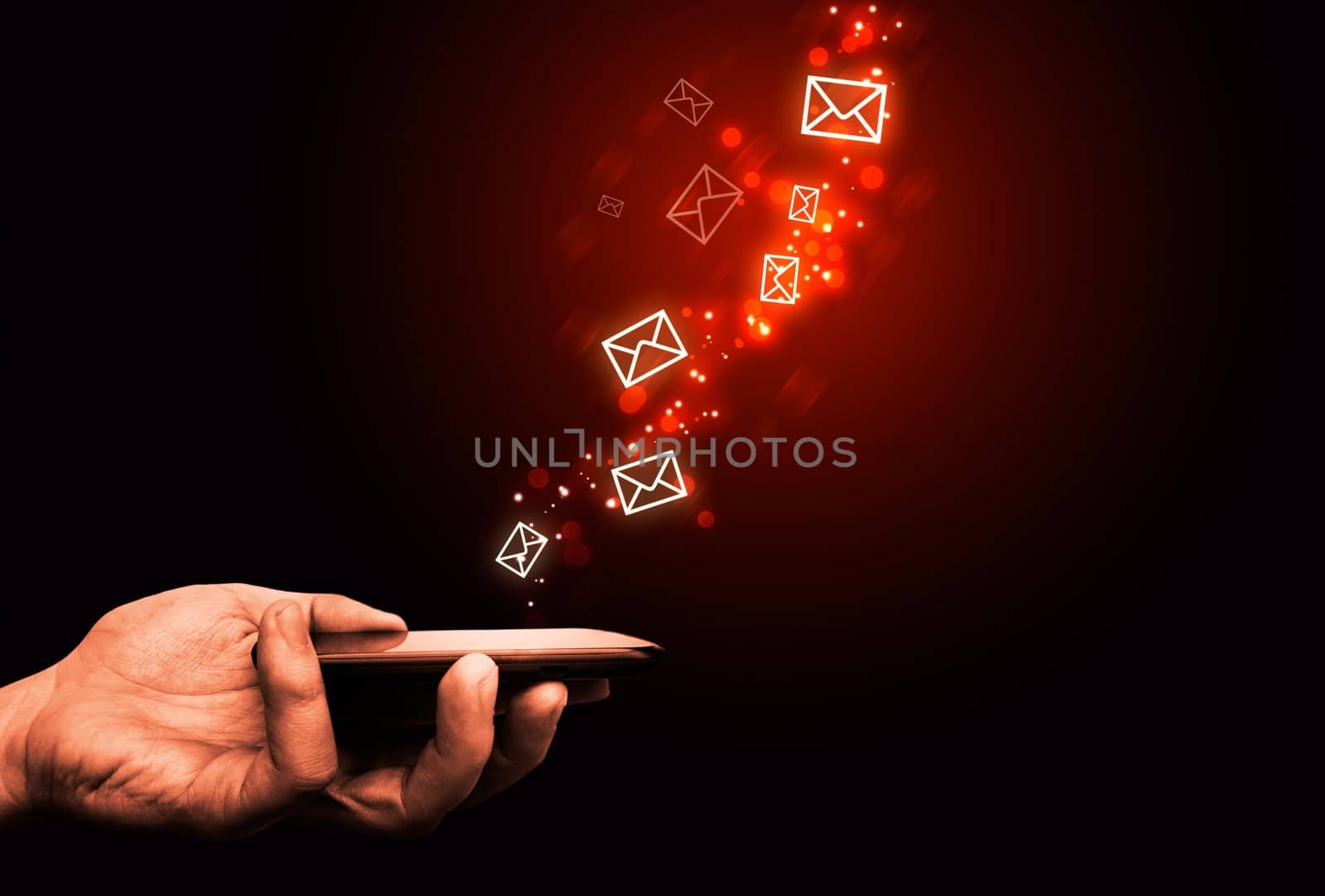 Abstract, touching mobile phone, flying envelopes, fire effect by simpson33