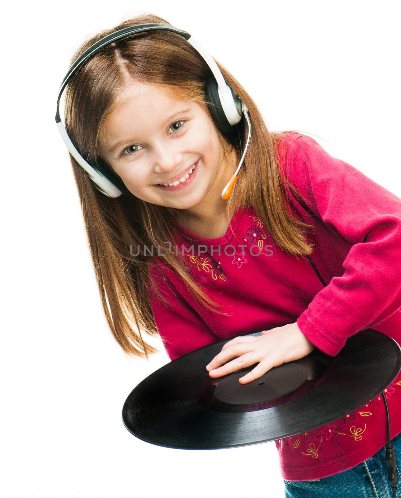 Smiling little girl in headset with plate isolated