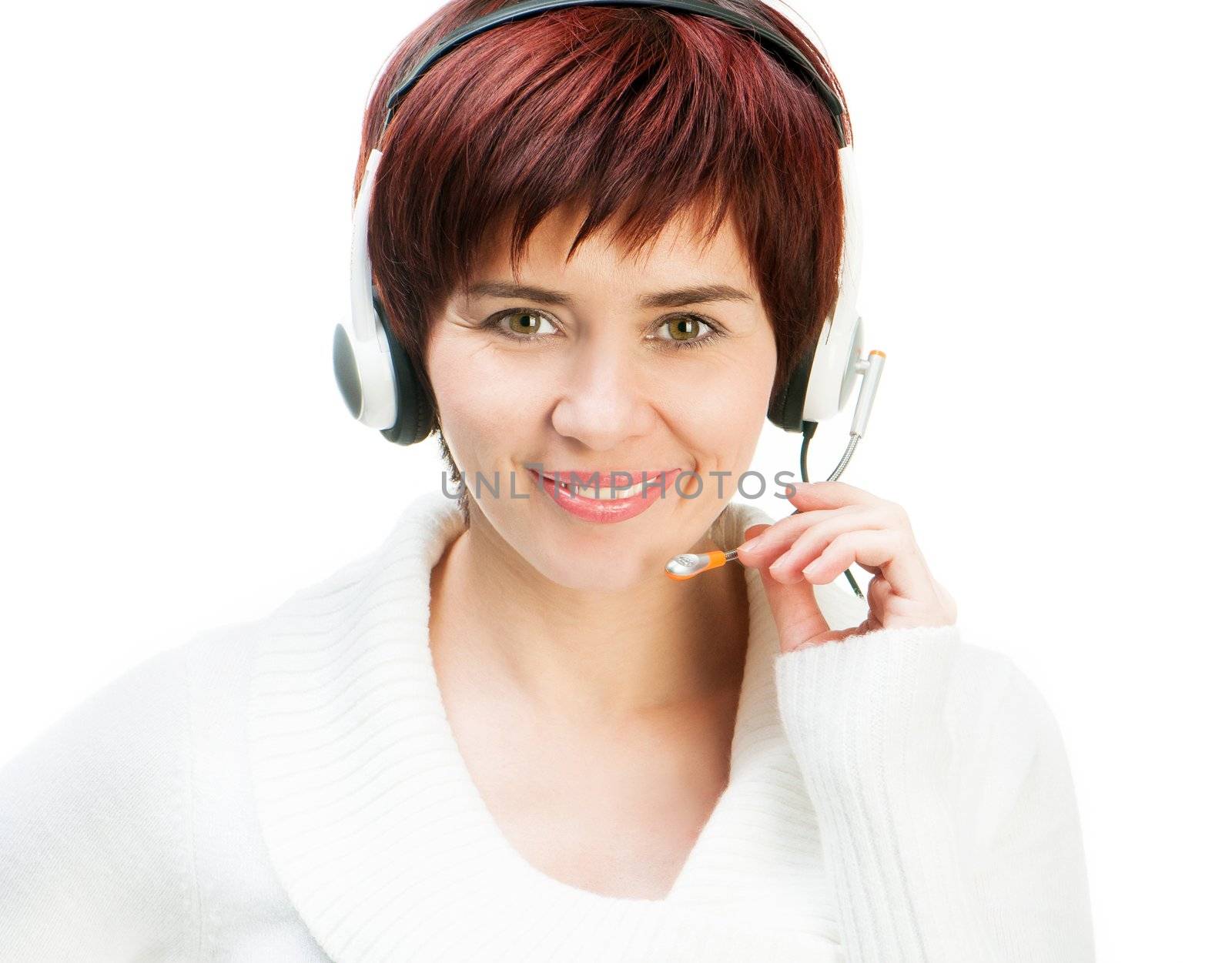 Pretty Young woman Wearing A Headset Against White