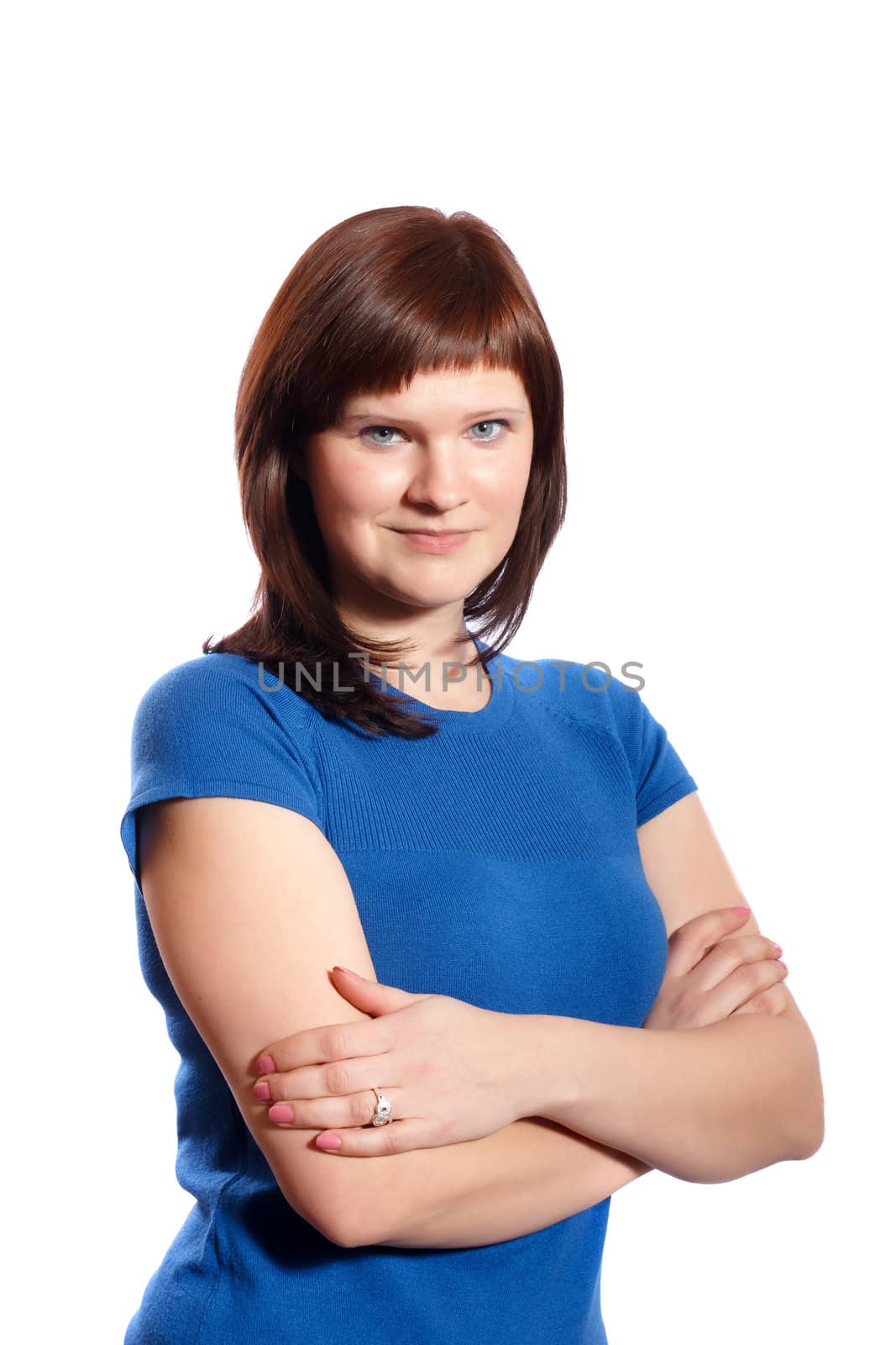 Portrait of a lovely midle age female smilling on a white background