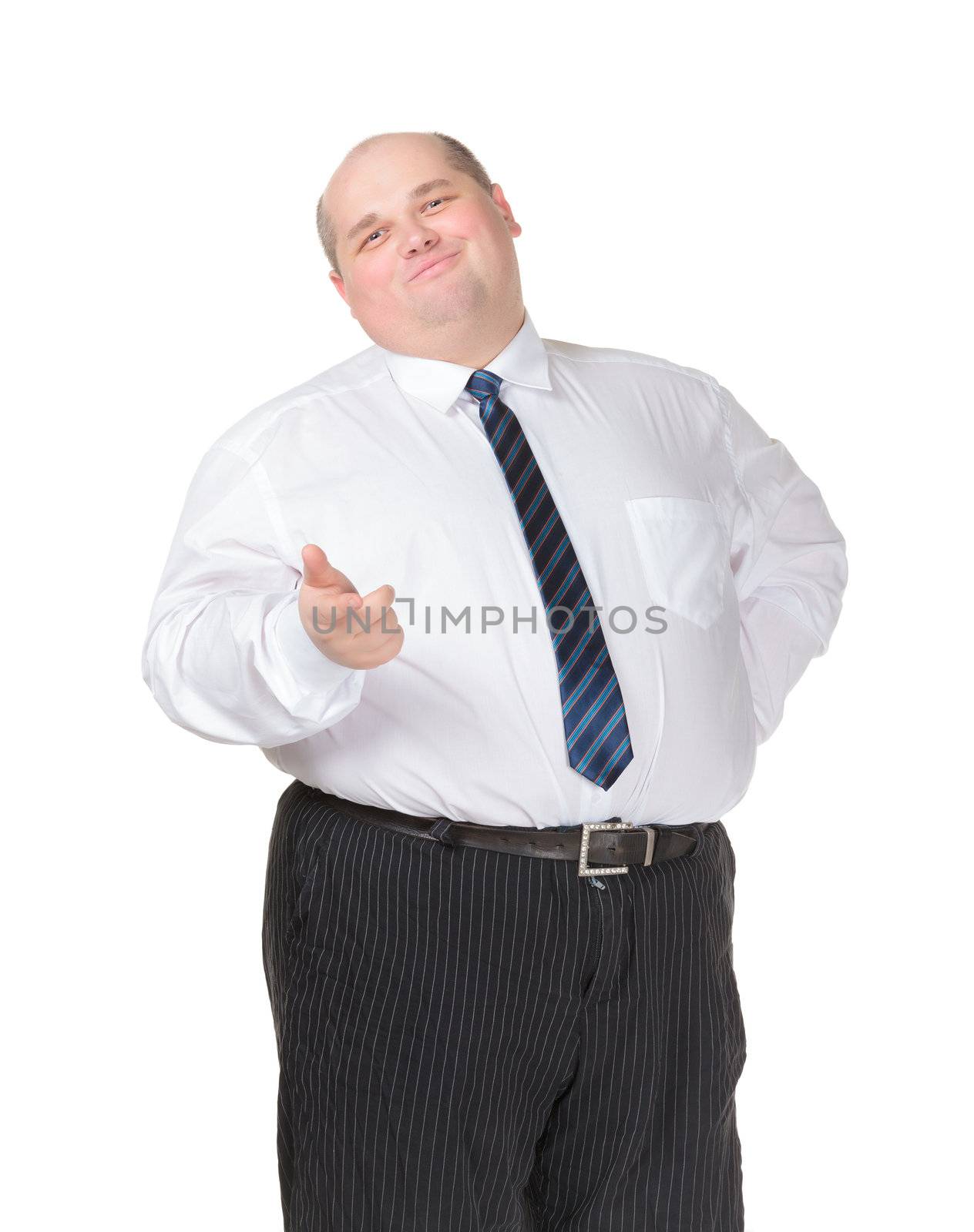 Obese businessman in a shirt and tie making gesturing, isolated on white