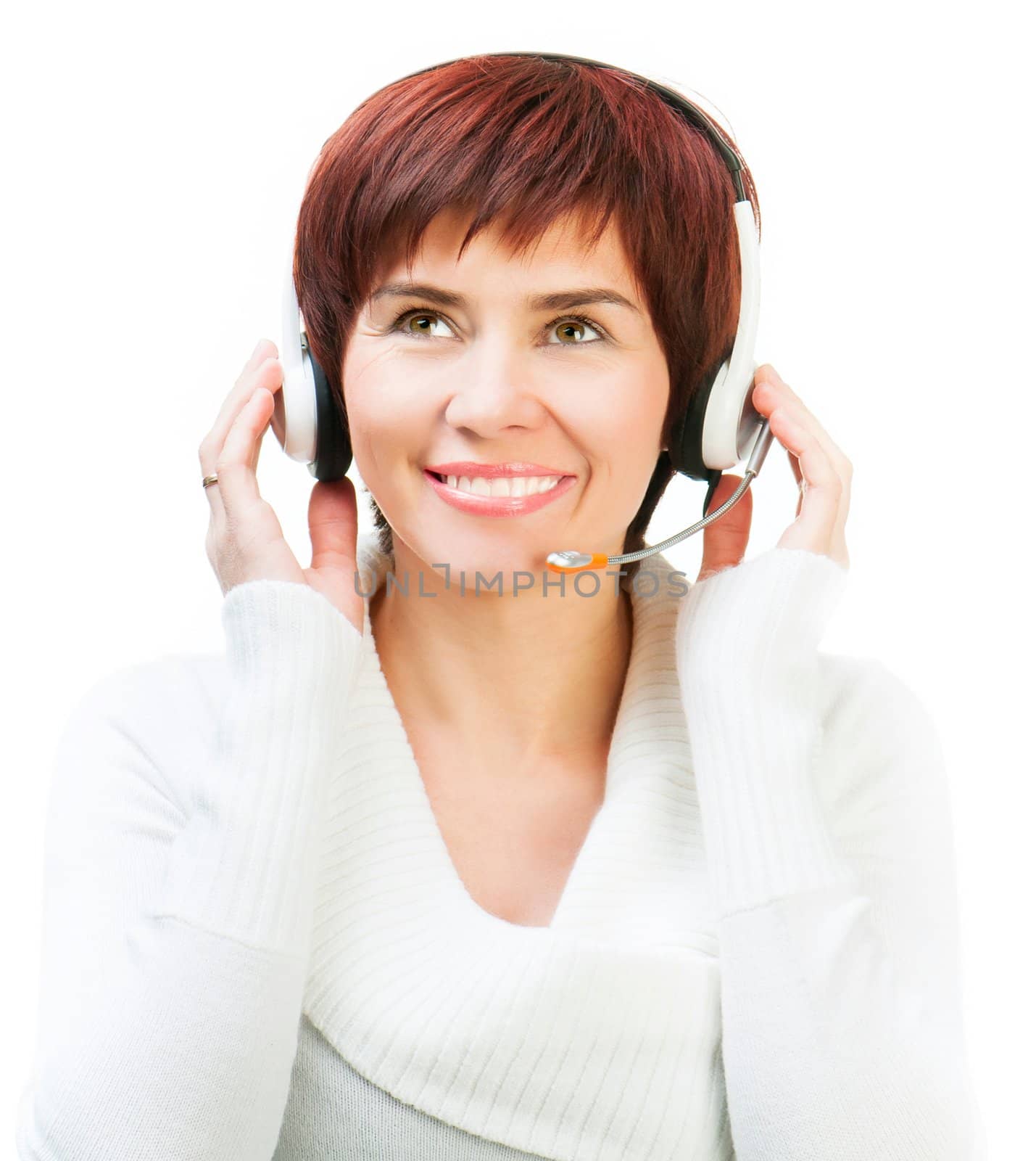 Pretty Young Female Wearing A Headset looks up