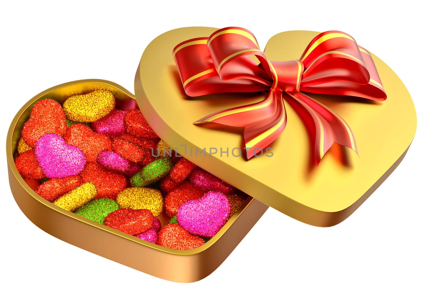 Allsorts sugared candy in the form of heart in a golden box with a red bow as a sweet gift for perfect Valentine's Day.