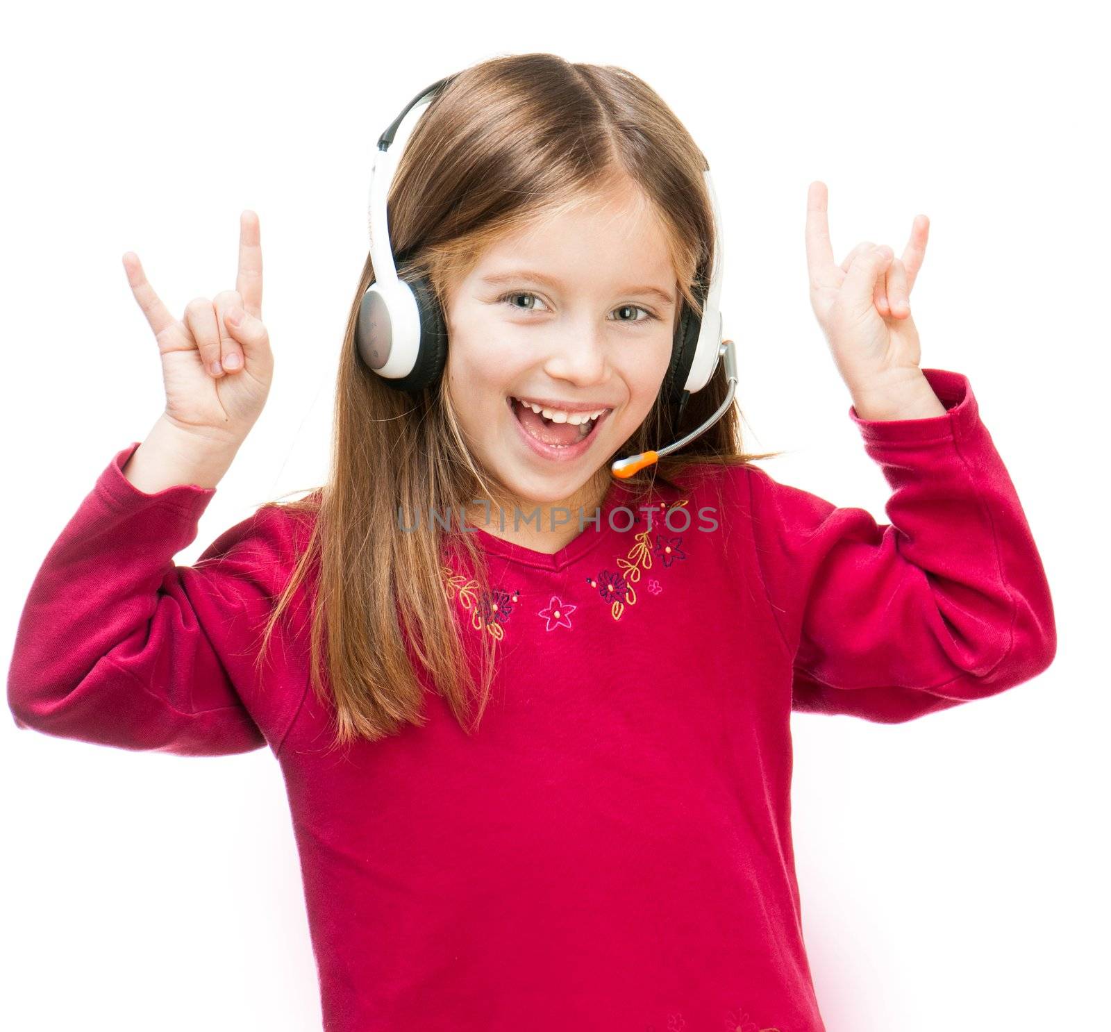 cute smiling child in headset isolated over white