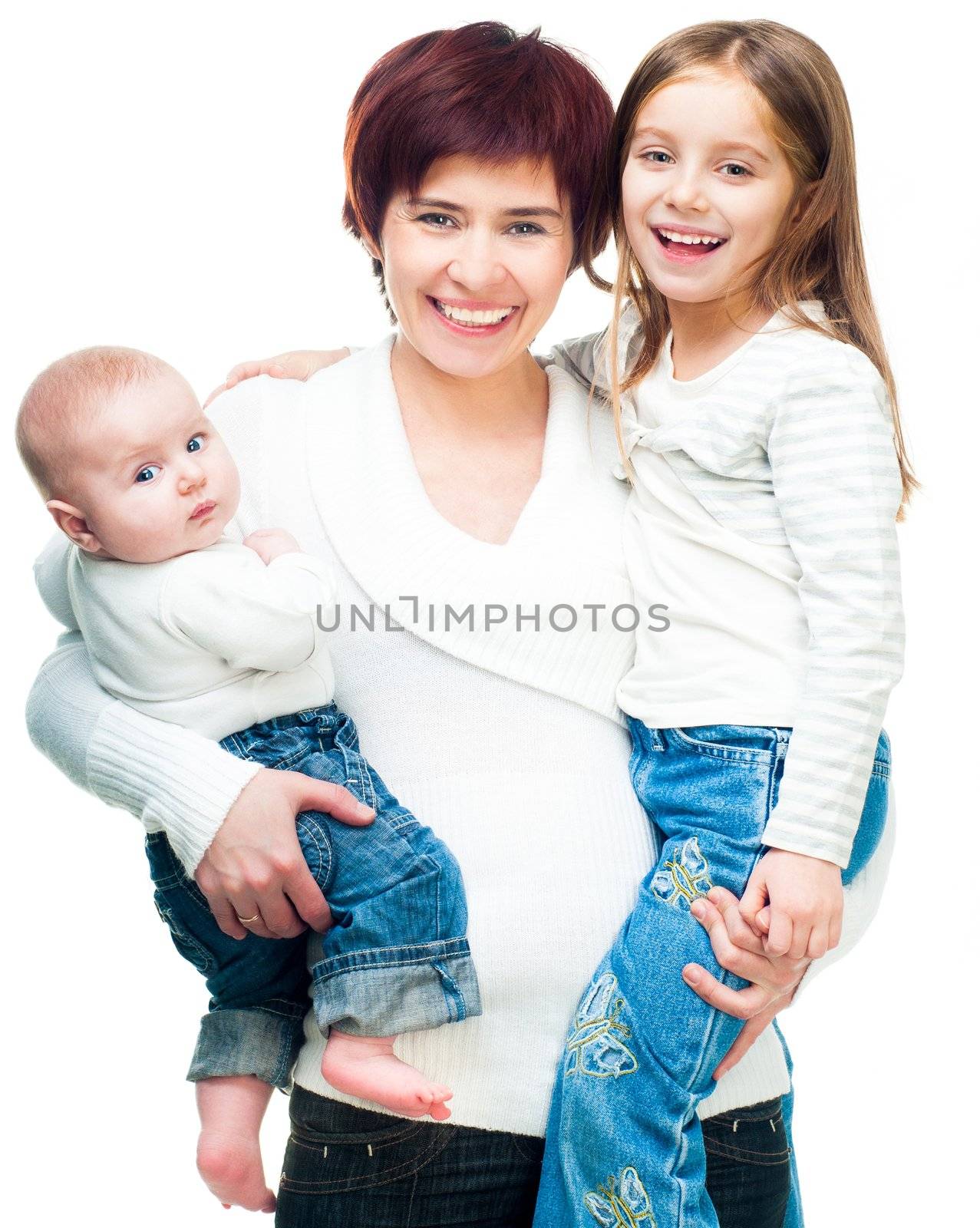 Smiling mother with daughters isolated on a white background