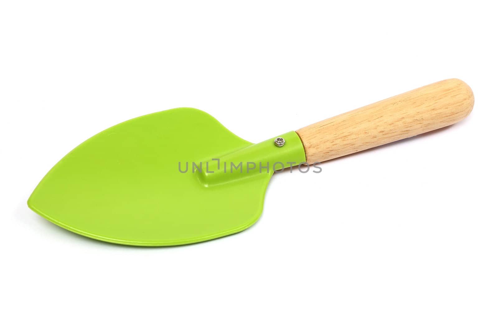 A small garden spade in green on a white background