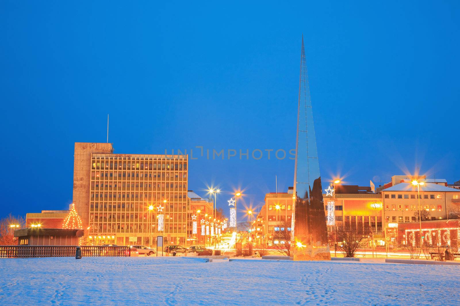 Narvik Town Square Cityscape at dusk, Norway