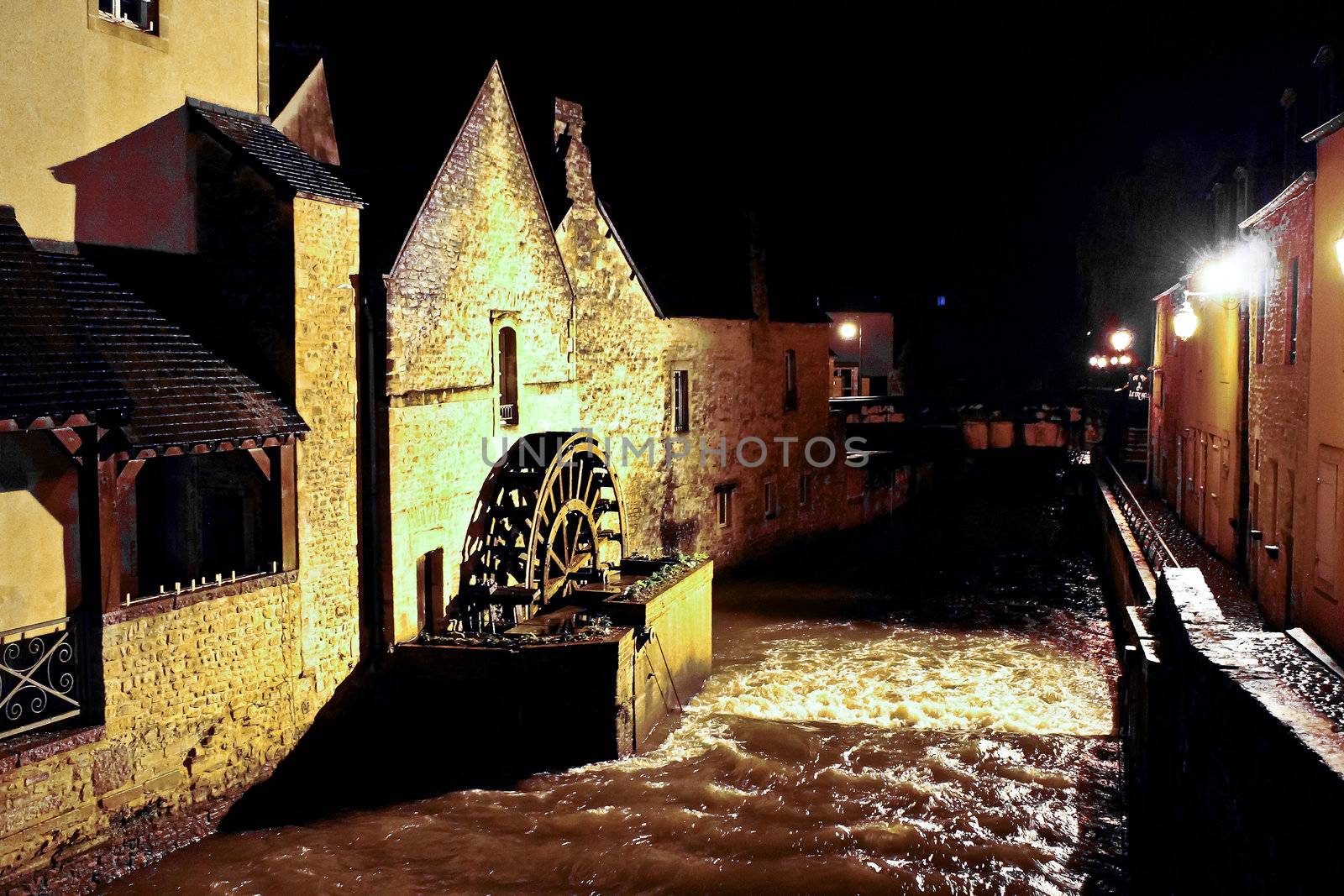 Night Bayeux. Old mill on the river city. Normandy by NickNick