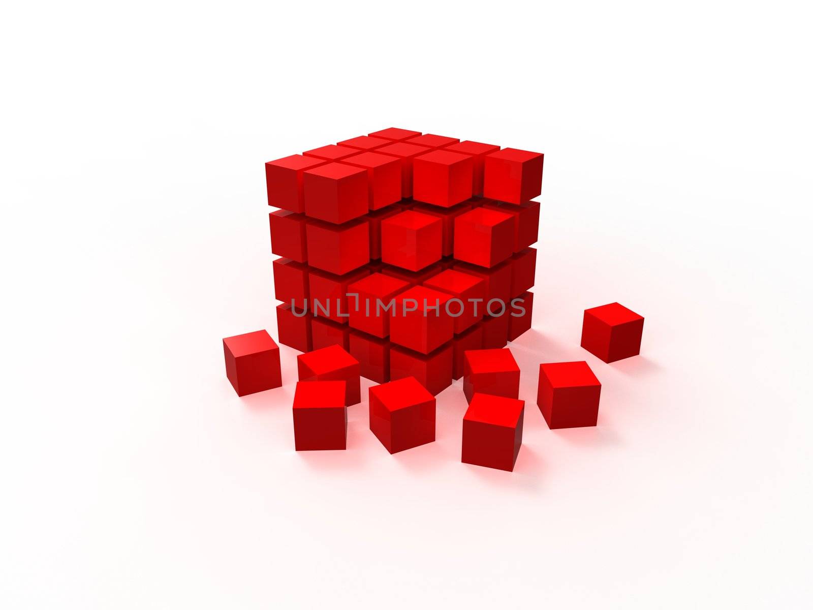 4x4 red disordered cube assembling from blocks isolated on white background by vermicule