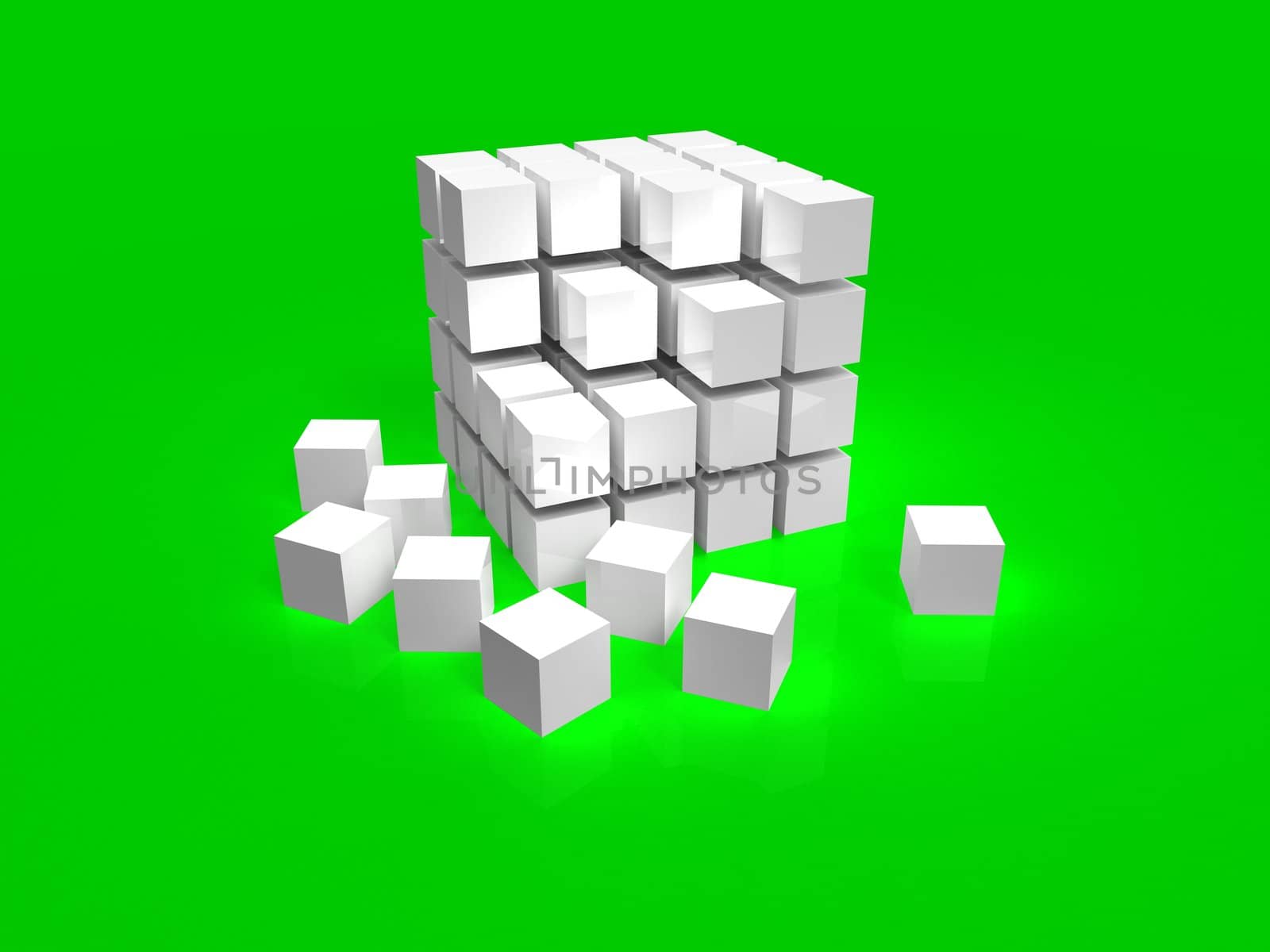 4x4 white disordered cube assembling from blocks isolated on green background by vermicule