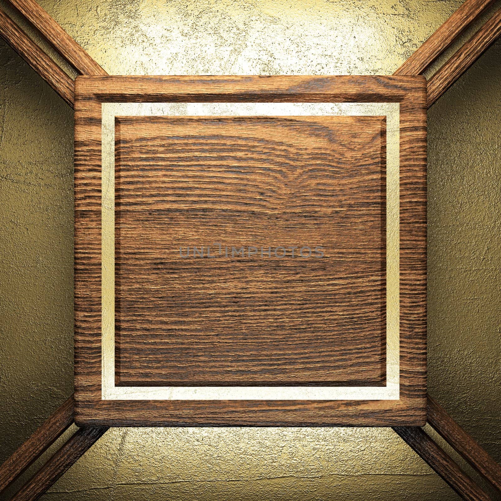 wood on golden wall made in 3D