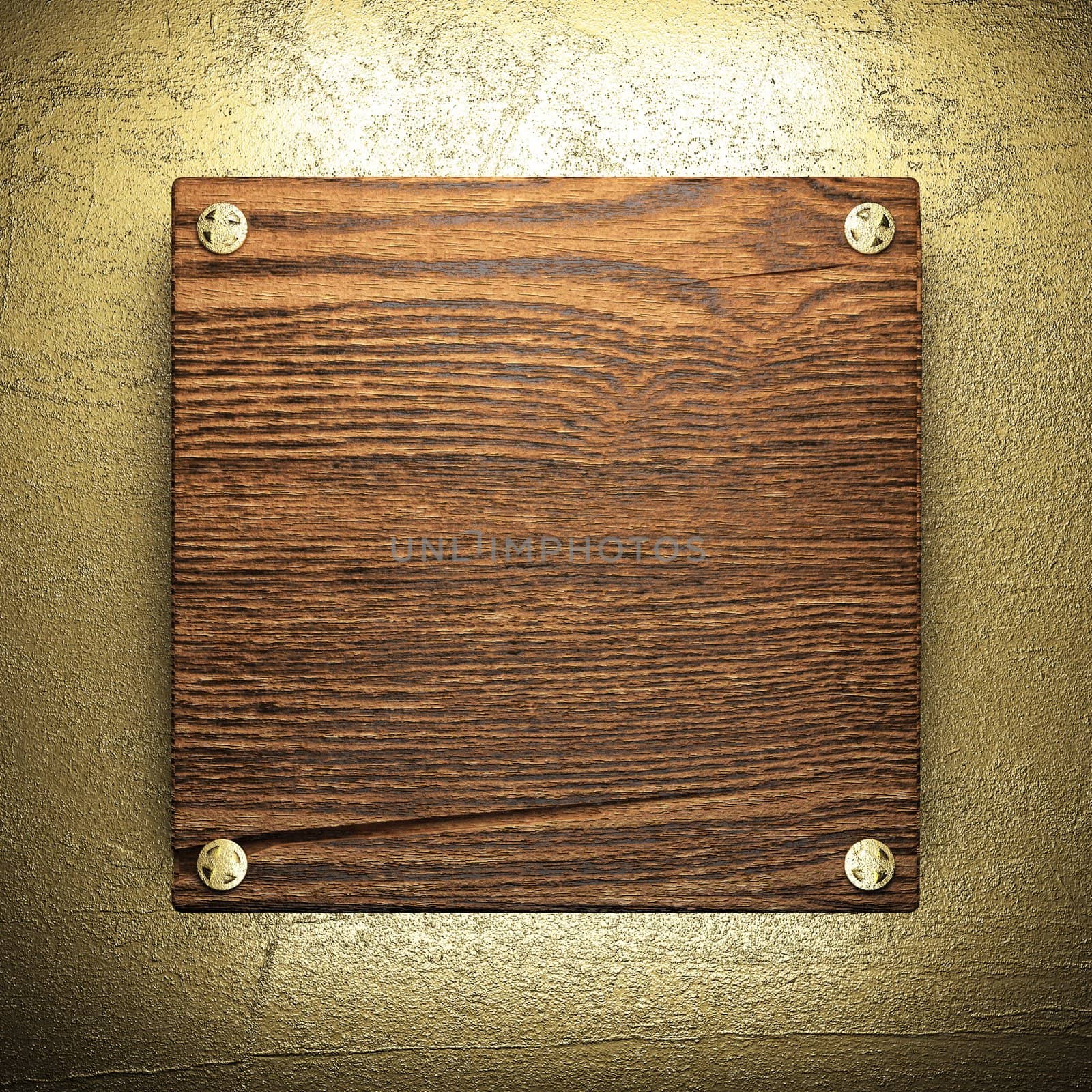wood on golden wall made in 3D