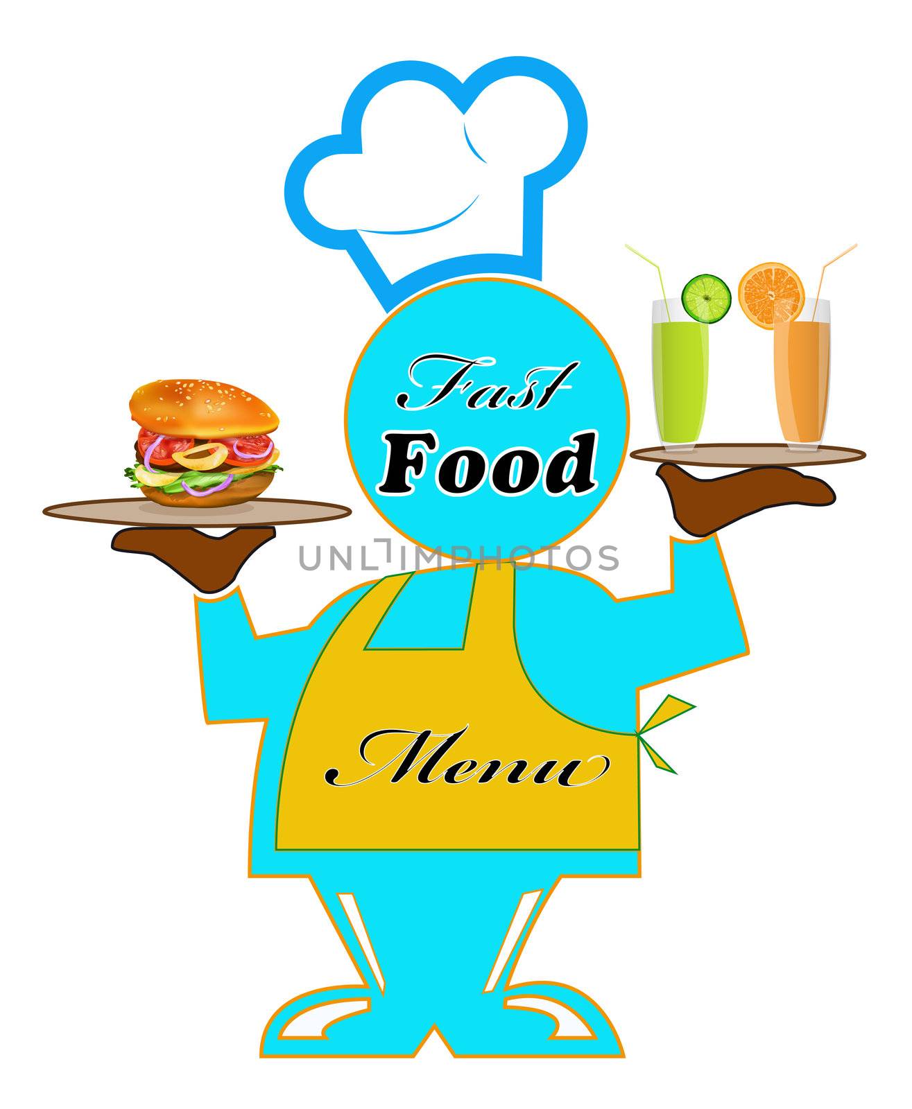 Funny Chef on a white background.Menu cafe.Fast food