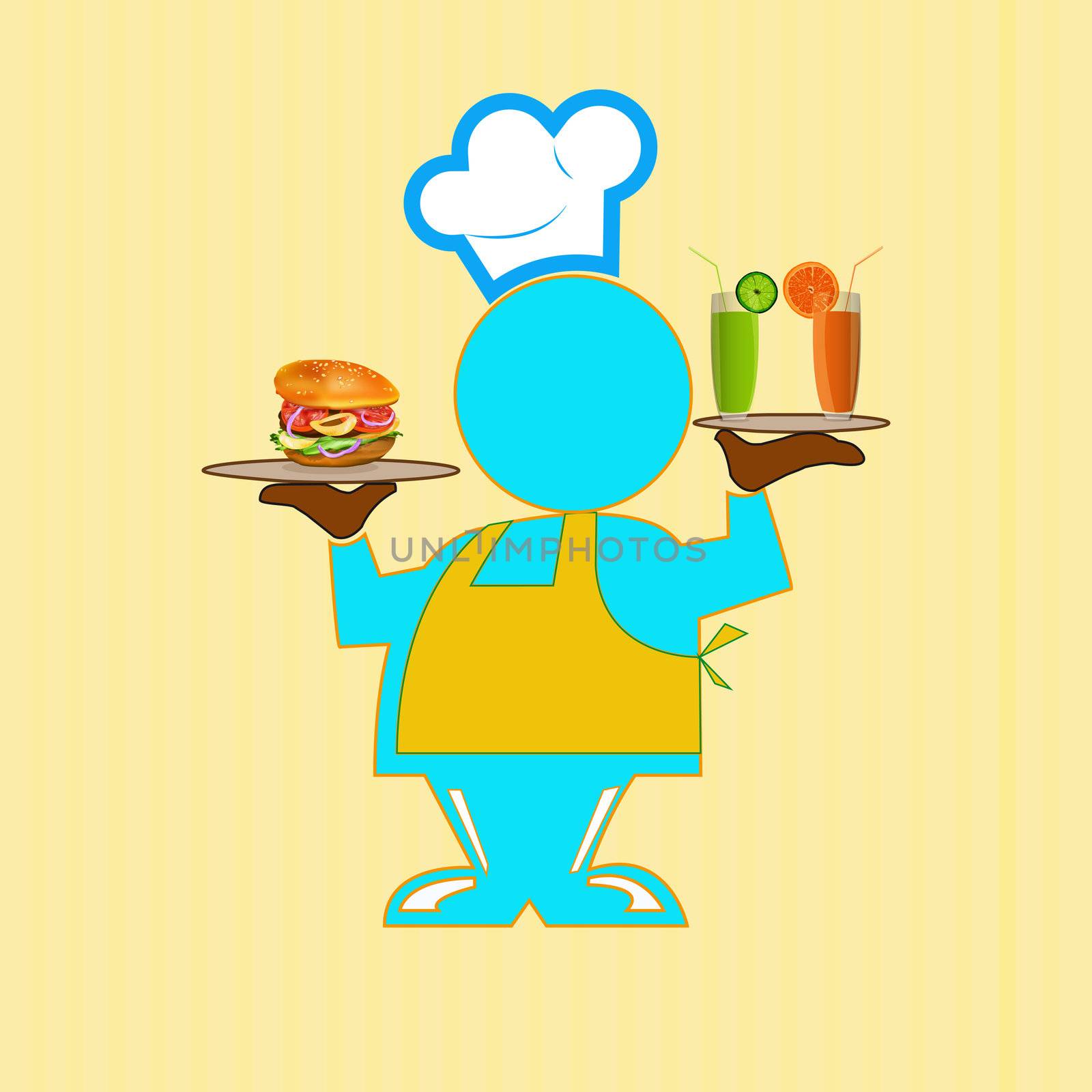 Funny Chef on a abstrqact background.Fast food