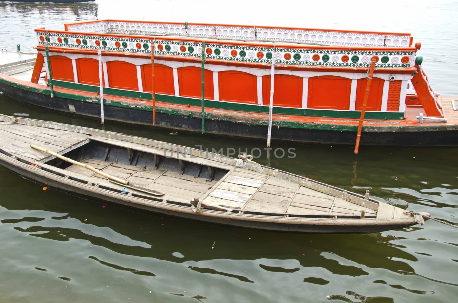 boats in Ganges holy river in Varanasi city, India