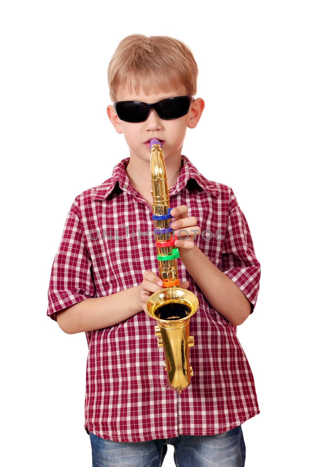 boy play saxophone on white 