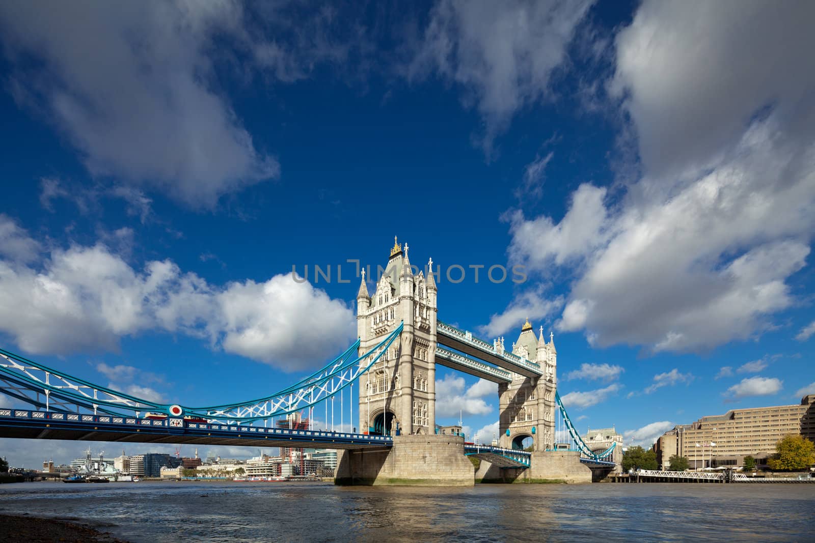 The famous Tower Bridge in London, UK. Sunny day. Photo taken tilt-shift lens, vertical lines of the object stored