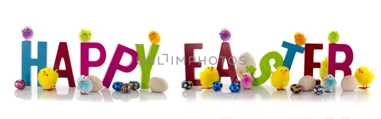 easter eggs and chicks on text and  white background