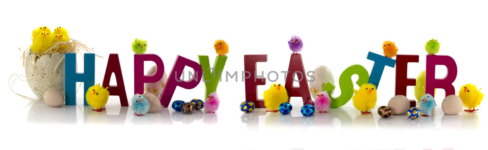 easter eggs and chicks with text on white background