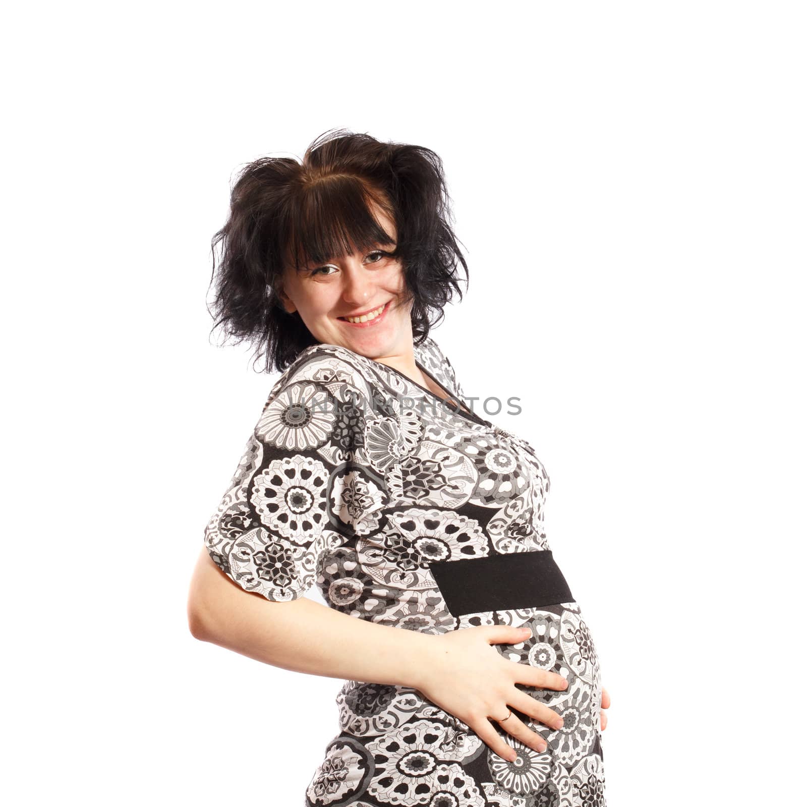 smiling pregnant woman on a white background