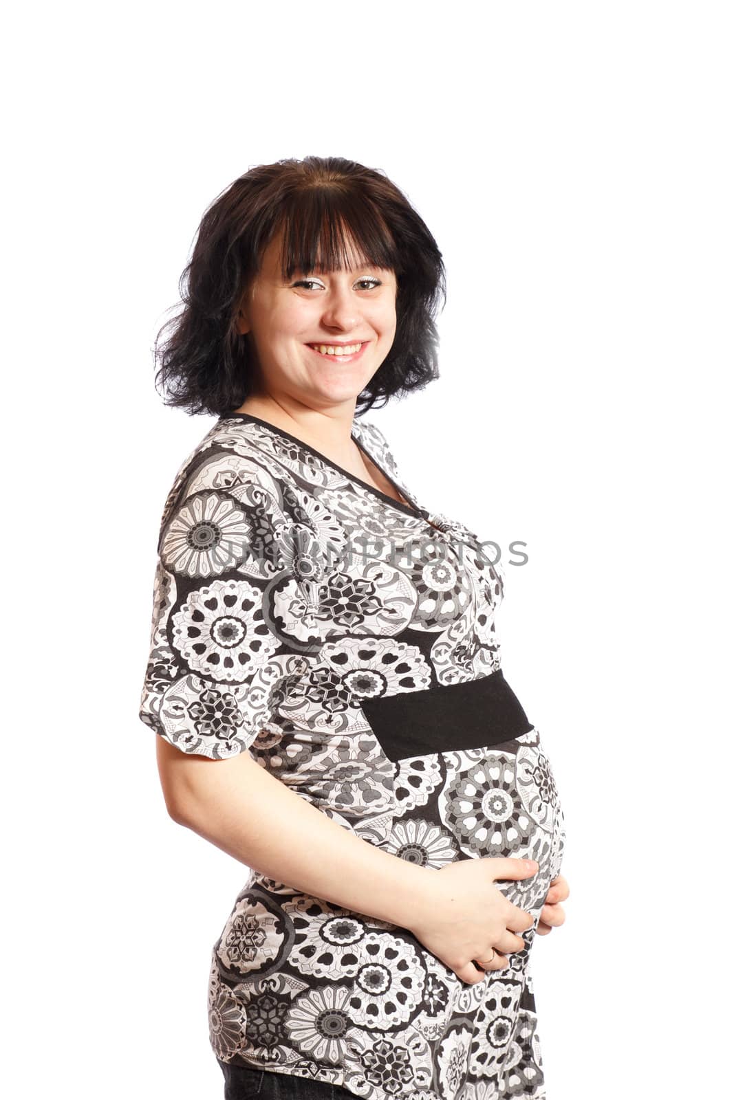 smiling pregnant woman on a white background