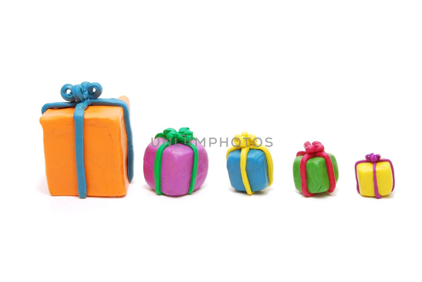 Row Ordered  Various Multi Colored New Year Gifts Isolated on White Background