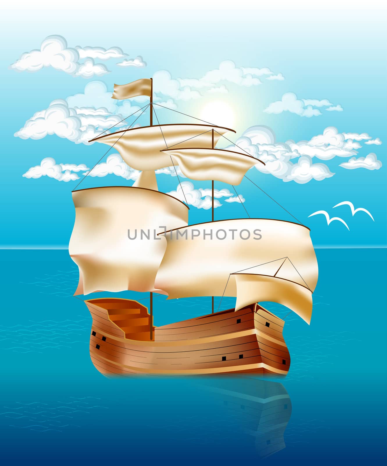 Ocean illustration with cloudy sky and a sailboat.