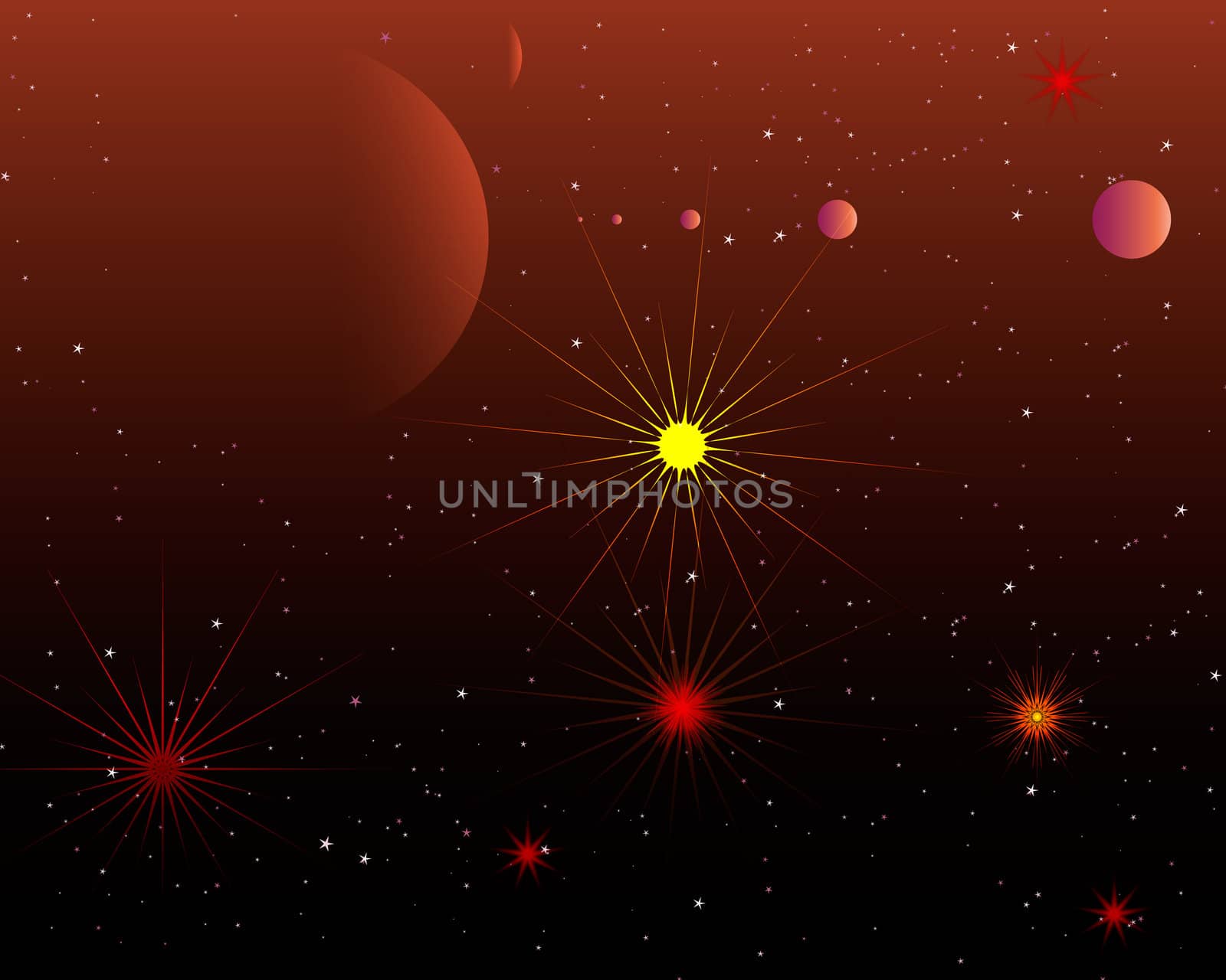 Red space planet system with big yellow star