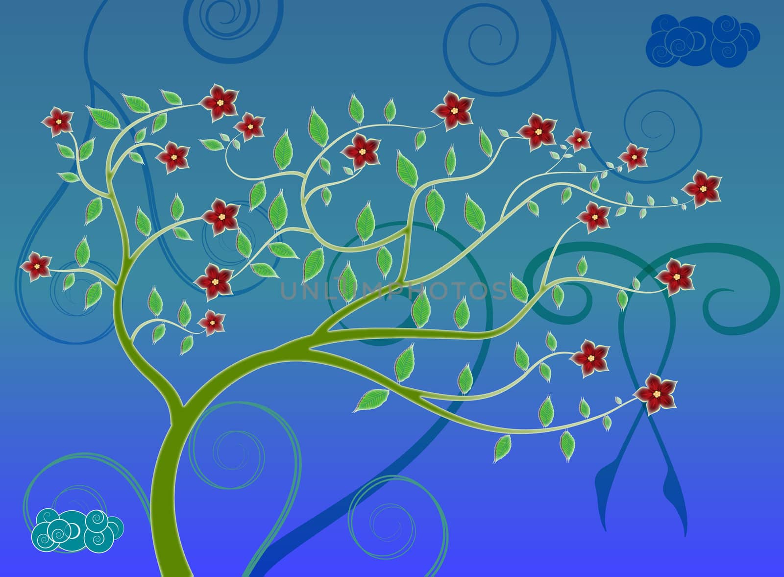 Tree art at blue background with ornaments