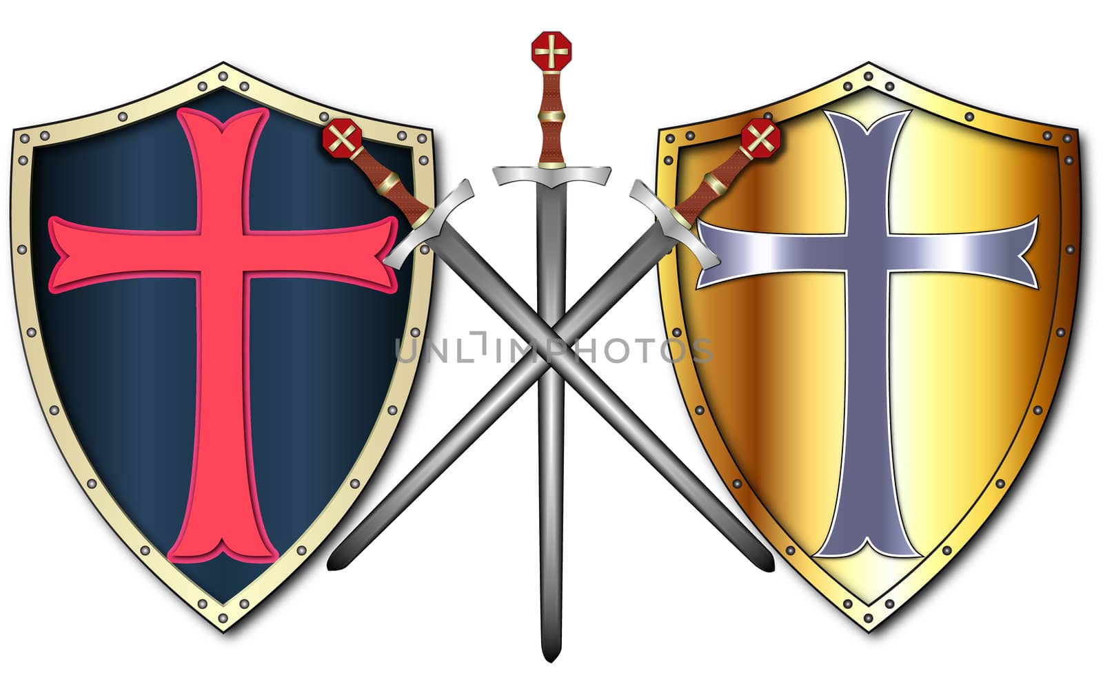 Two Crusader Shields and three Swords