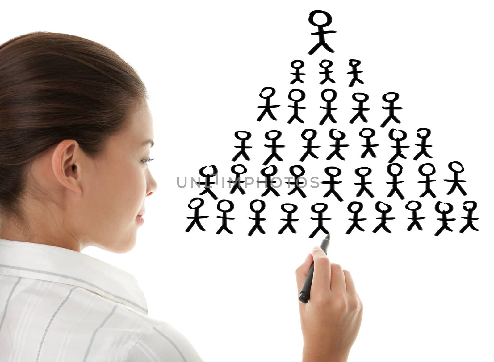 Pyramid scheme - business woman hand drawing pyramid scheme on whiteboard copy space with black marker pen. Business woman isolated on white background. Pyramid scheme - business woman hand drawing pyramid scheme on whiteboard copy space with black marker pen. Business woman isolated on white background.