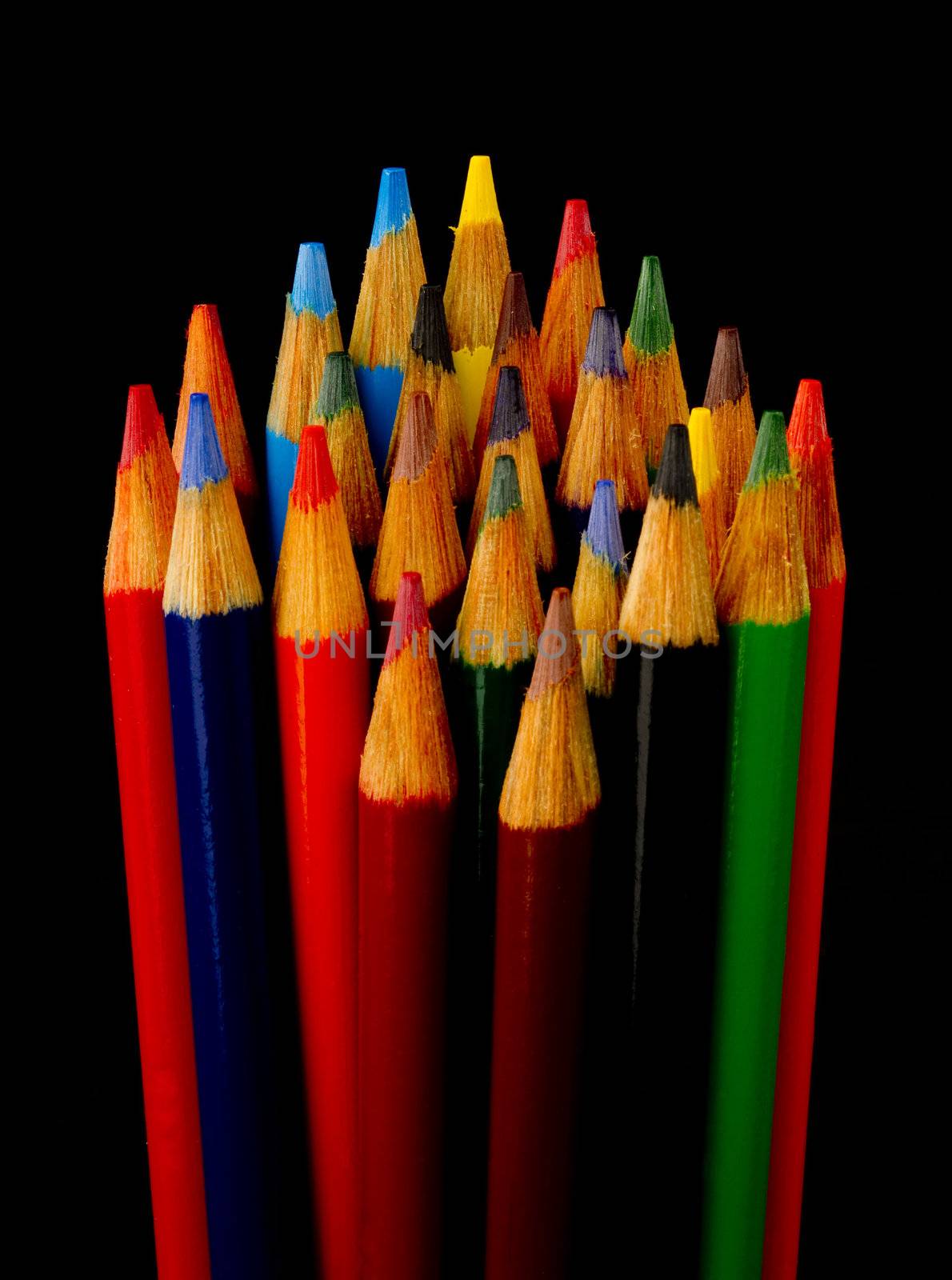 Art Supplies Color Pencils in A Group on Black by ChrisBoswell