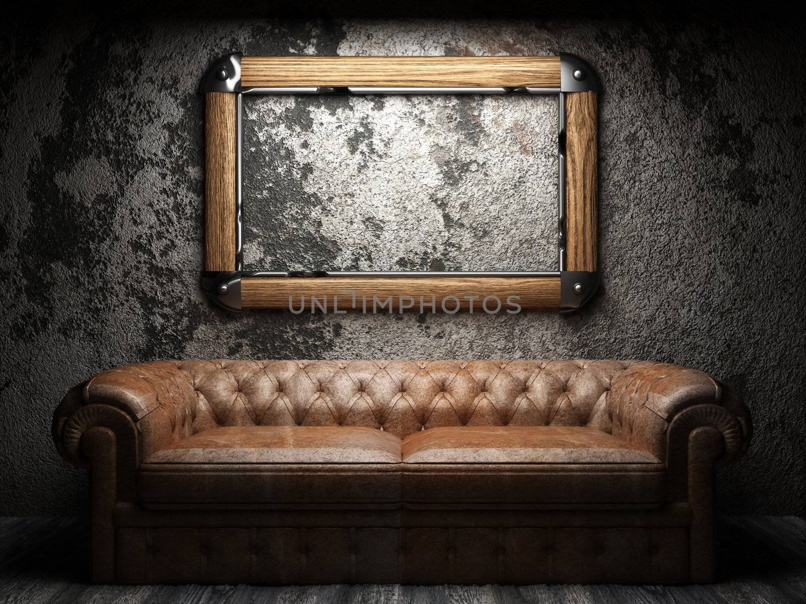 leather sofa and frame in dark room