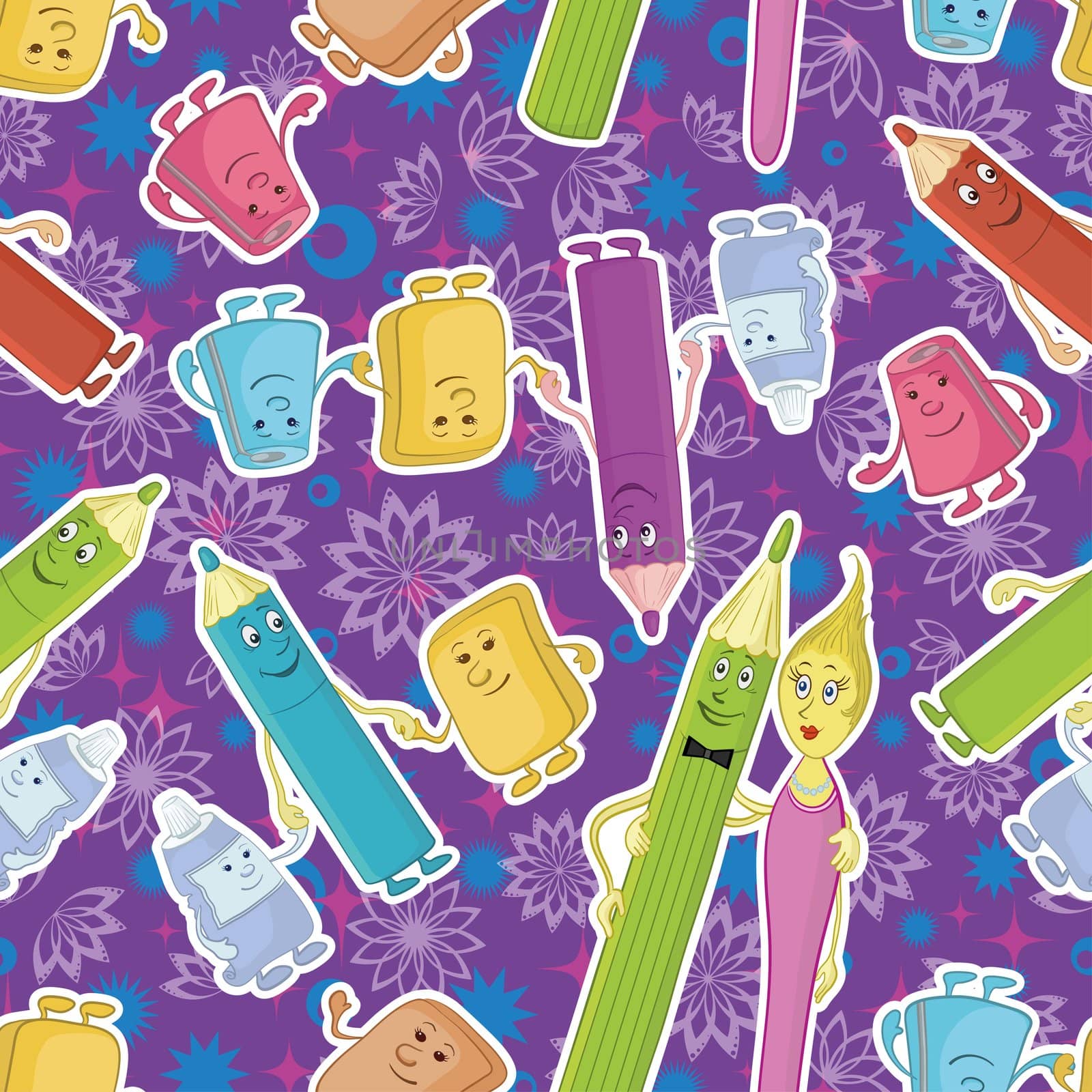 Seamless cartoon background, stationery family: pencils, brushes, tubes, erasers and pencil sharpeners.