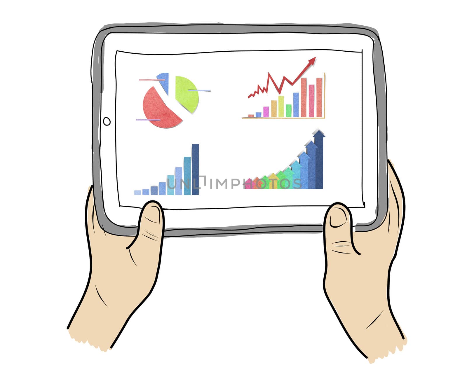 drawing  Tablet screen with graph on  hand