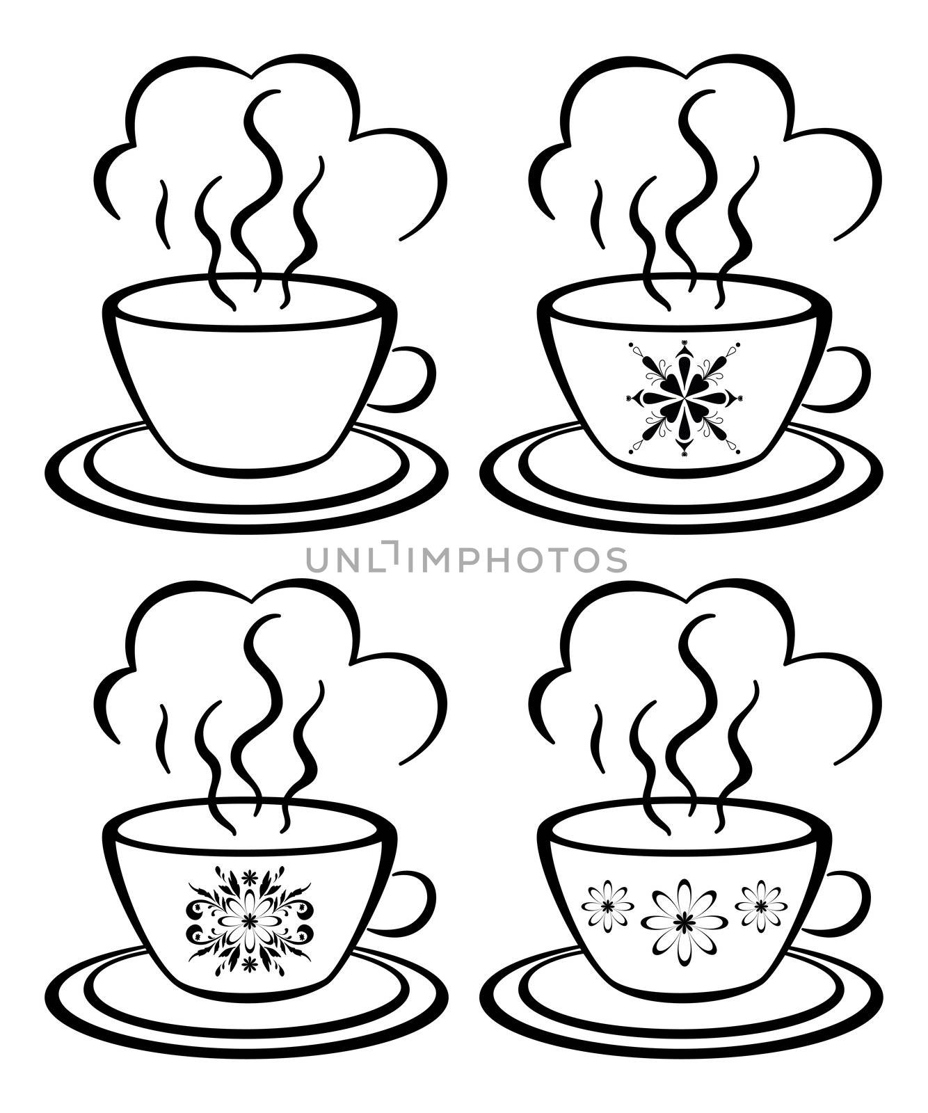 Set cups with a hot drink and floral pattern, black contour on white background.